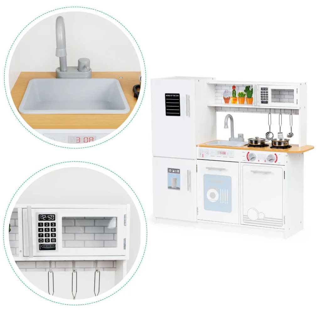 Bucătărie din lemn pentru copii cu lumini și oale