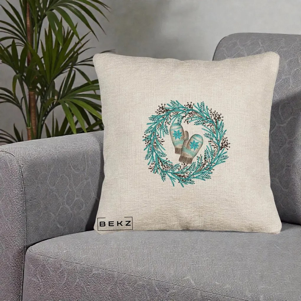 Perna Decorativa Coroana Turcoaz cu Manusi, 40x40 cm, Bej Canapea, Husa Detasabila, Perna Inclusa, BEKZ®