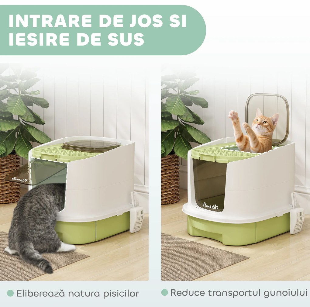 PawHut Litieră pentru Pisici Închisă cu 2 Uși, Tavă și Deodorizant, Verde | Aosom Romania