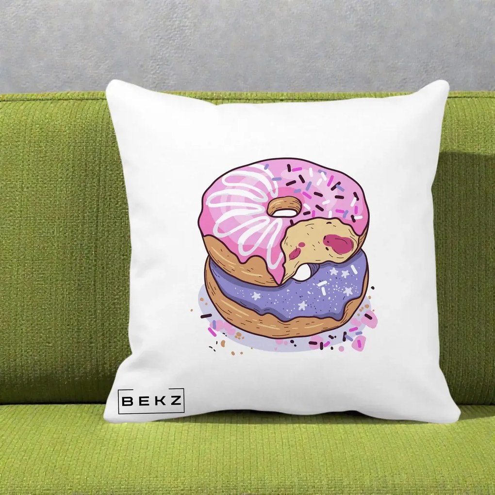Perna Decorativa Donuts Roz si Mov, 40x40 cm, Alba Mata, Husa Detasabila, Perna Inclusa, BEKZ®