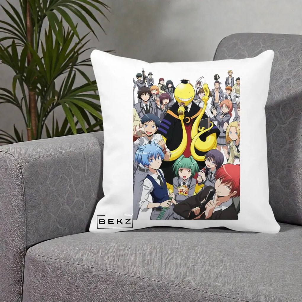Perna Personalizata Assassination Classroom Grup Complet Anime, 40x40 cm, Alba Mata, Husa Detasabila, Perna Inclusa, BEKZ®