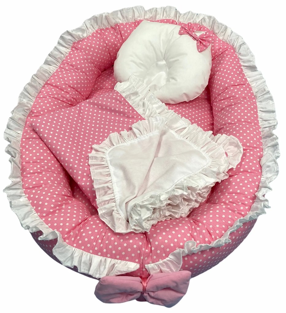 Cuib baby nest bebelusi cu volanase Roz cu buline albe LUX by Deseda + paturica + pernuta