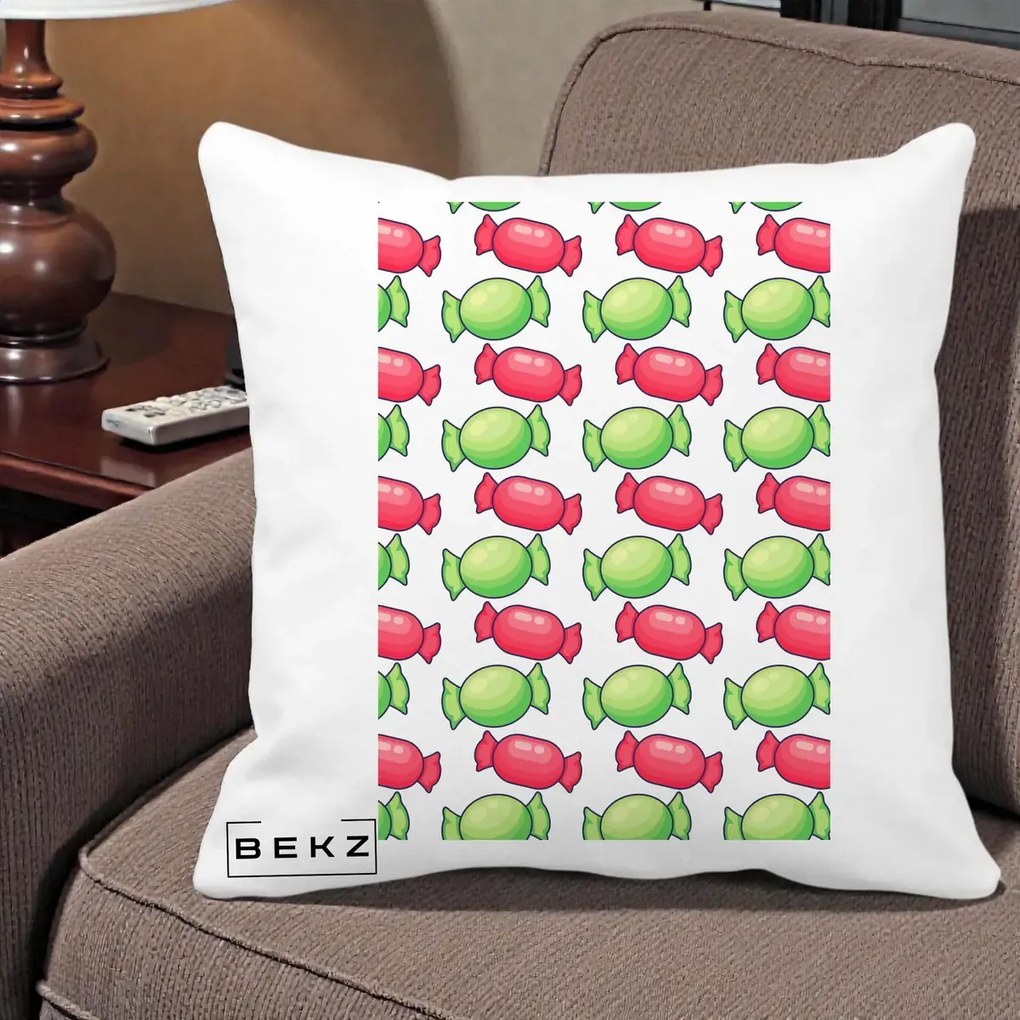 Perna Decorativa Bomboane Craciun Pattern, 40x40 cm, Alba Mata, Husa Detasabila, Perna Inclusa, BEKZ®