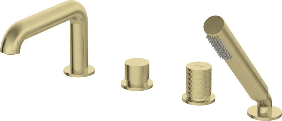 🛁 Baterie pentru cadă SILIA HEXA, 4 orificii, cu set de duș – Finisaj auriu periat – Cod BHS_R14M