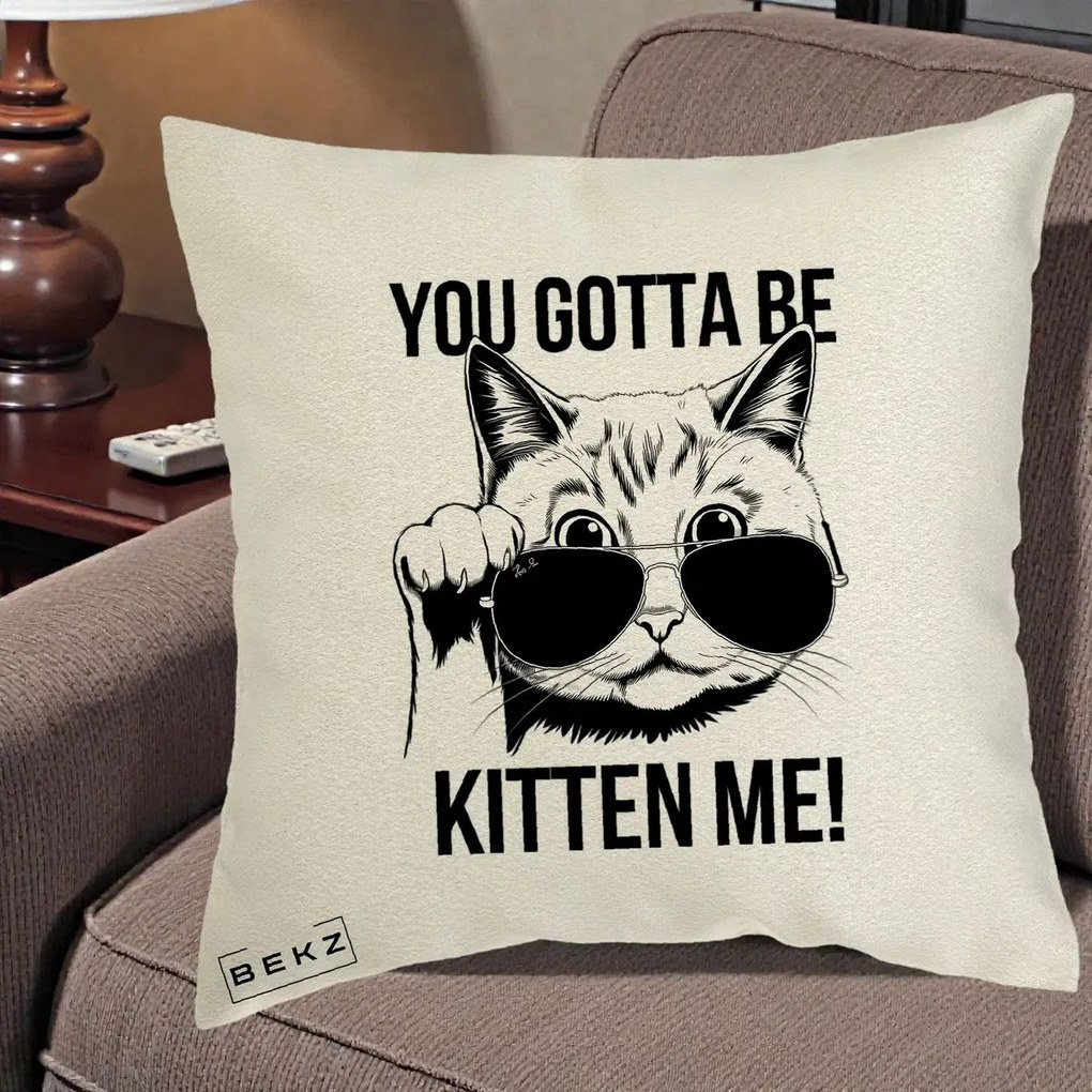 Perna Decorativa You Gotta Be Kitten Me!, 40x40 cm, Ecru, Husa Detasabila, Perna Inclusa, BEKZ®
