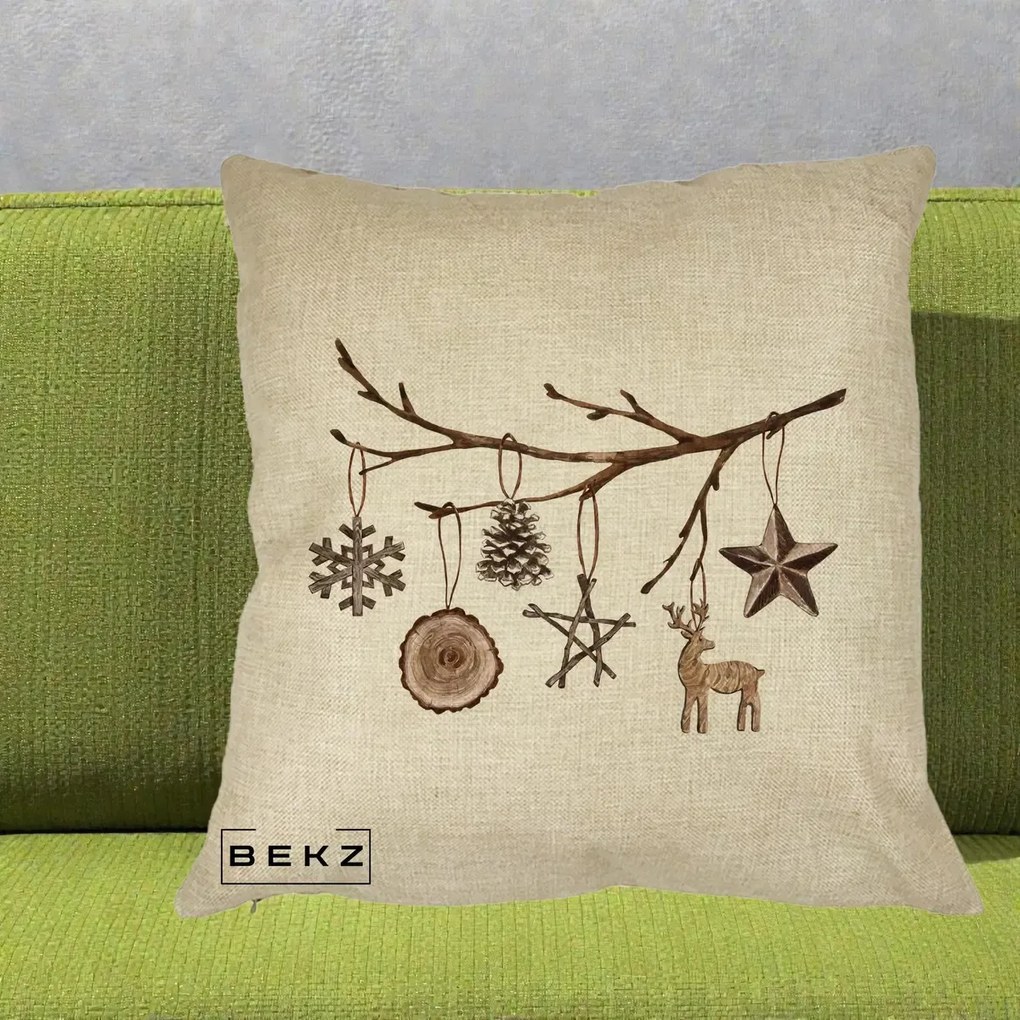 Perna Decorativa Ornamente de Lemn pe Ramura, 40x40 cm, Crem, Husa Detasabila, Perna Inclusa, BEKZ®