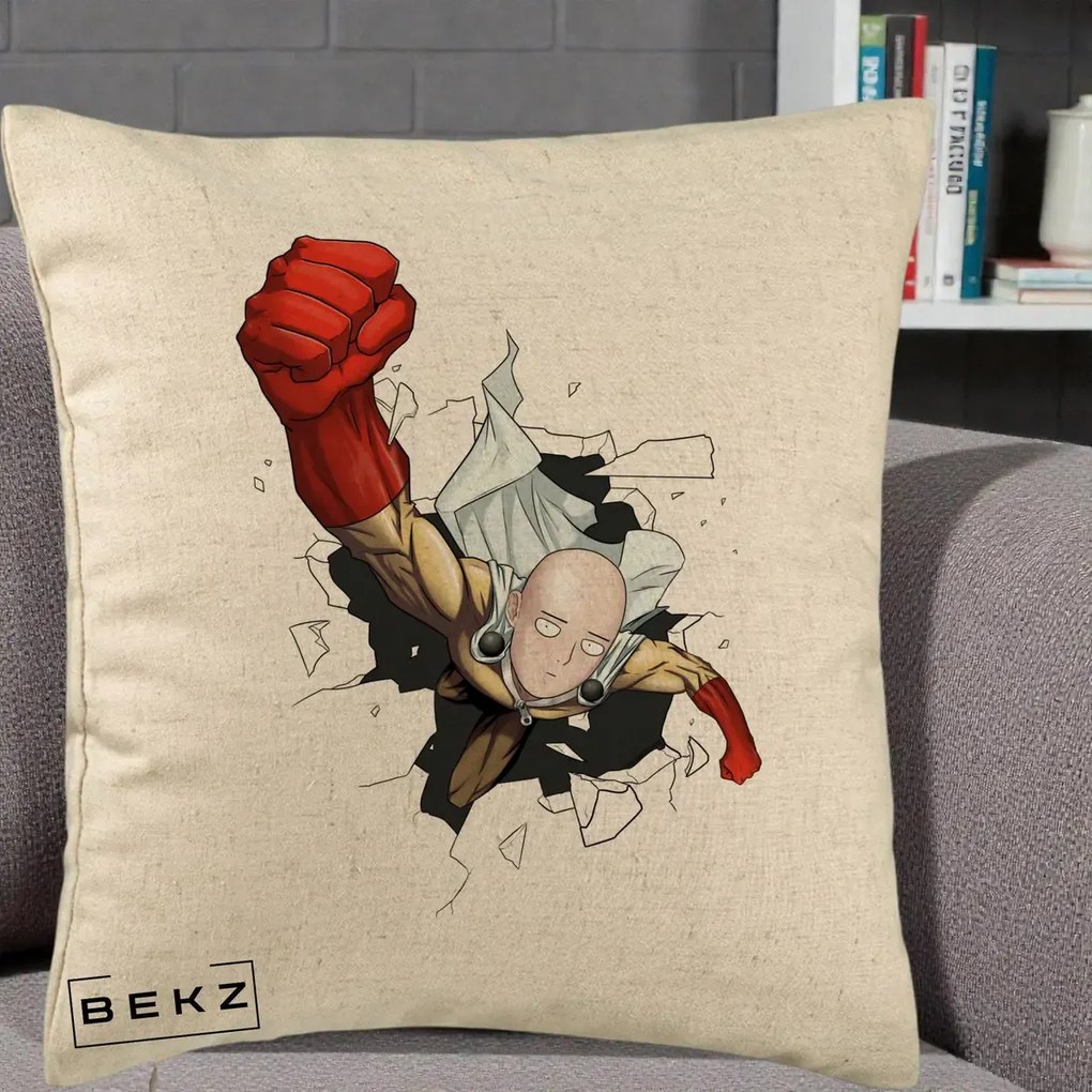 Perna Personalizata One Punch Man Saitama Pumn, 40x40 cm, Bej, Husa Detasabila, Perna Inclusa, BEKZ®