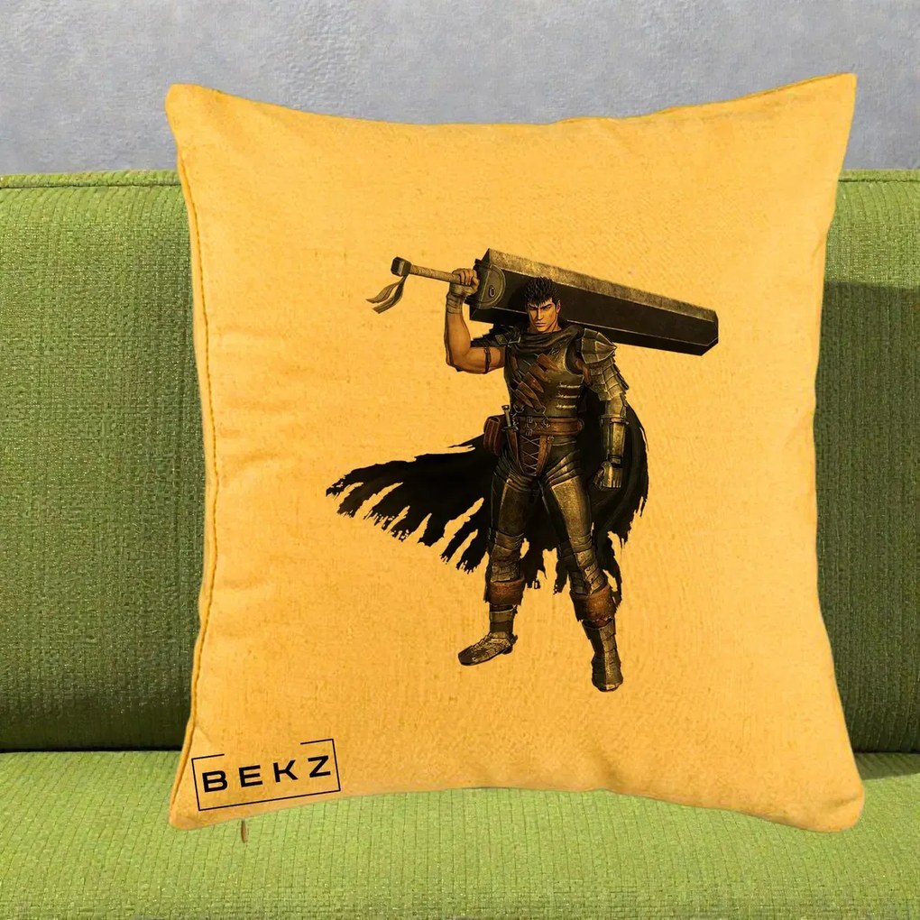 Perna Personalizata Berserk Guts Luptatorul Negru, 40x40 cm, Galben, Husa Detasabila, Perna Inclusa, BEKZ®