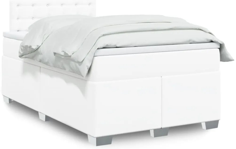 vidaXL Pat box spring cu saltea, alb, 120x200 cm, piele ecologică