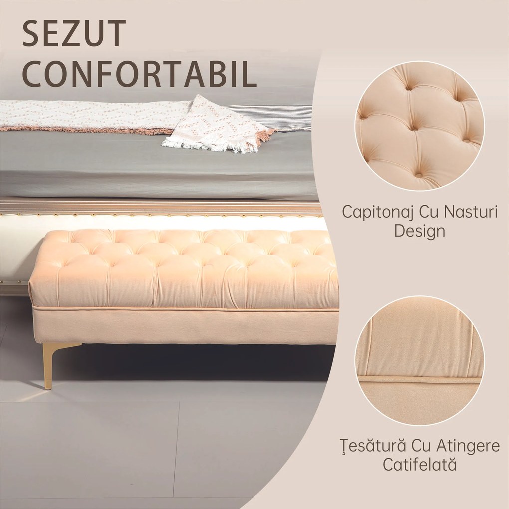 HOMCOM Bancă cu Husă Capitonată, Bancă Tapițată din Catifea cu Picioare Metalice, 118x45x42 cm, Bej | Aosom Romania