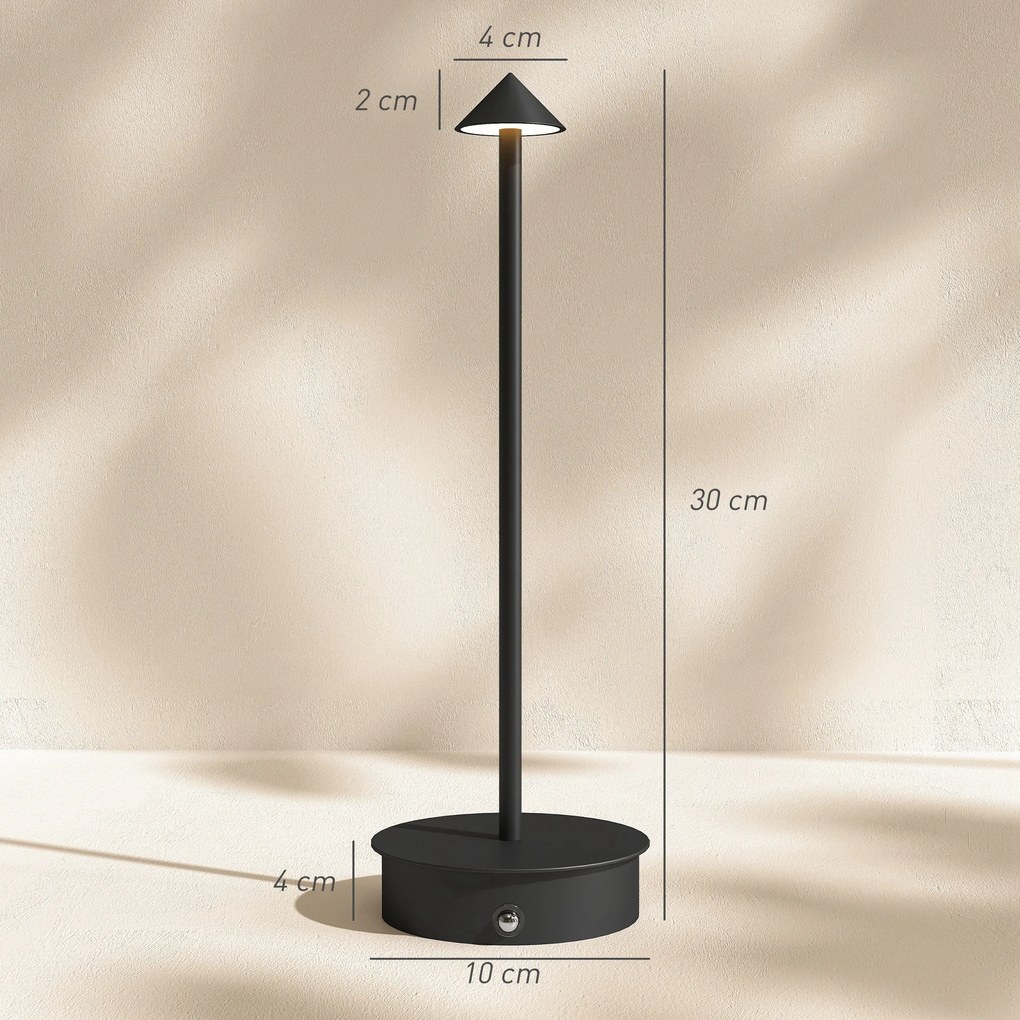 HOMCOM Lampă de Masă Reîncărcabilă cu USB, Lampă Fără Fir cu Temperatura Culorii Reglabilă 3000K/4500K/6500K, Control Tactil, Autonomie 4-8 Ore, Negru | Aosom Romania