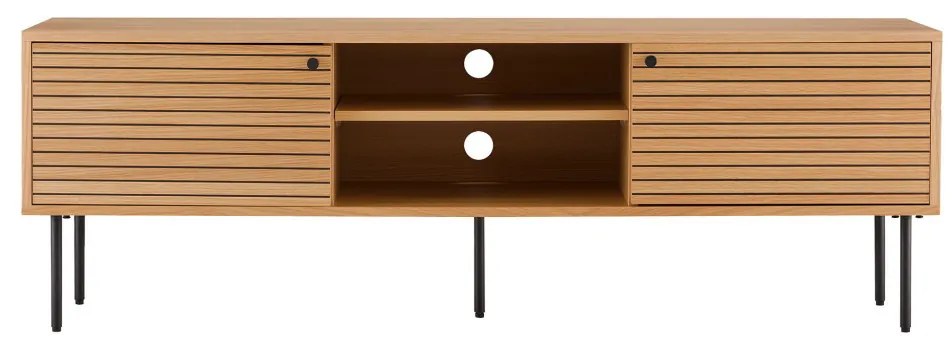 Kyoto TV cabinet, 2 usi, 2 rafturi, furnir de stejar, natural, picioare din metal negru 150x40x50 cm