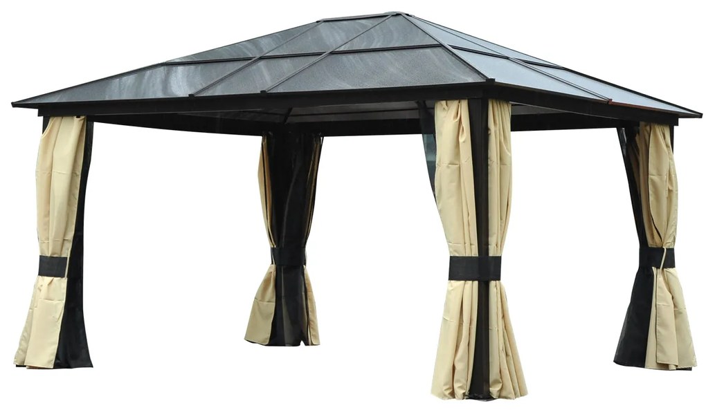 Outsunny Pavilion de grădină Hardtop 4.2 x 3.6 m, Draperii cu plasă împotriva insectelor, Structură din aluminiu, Maro+Crem | Aosom Romania