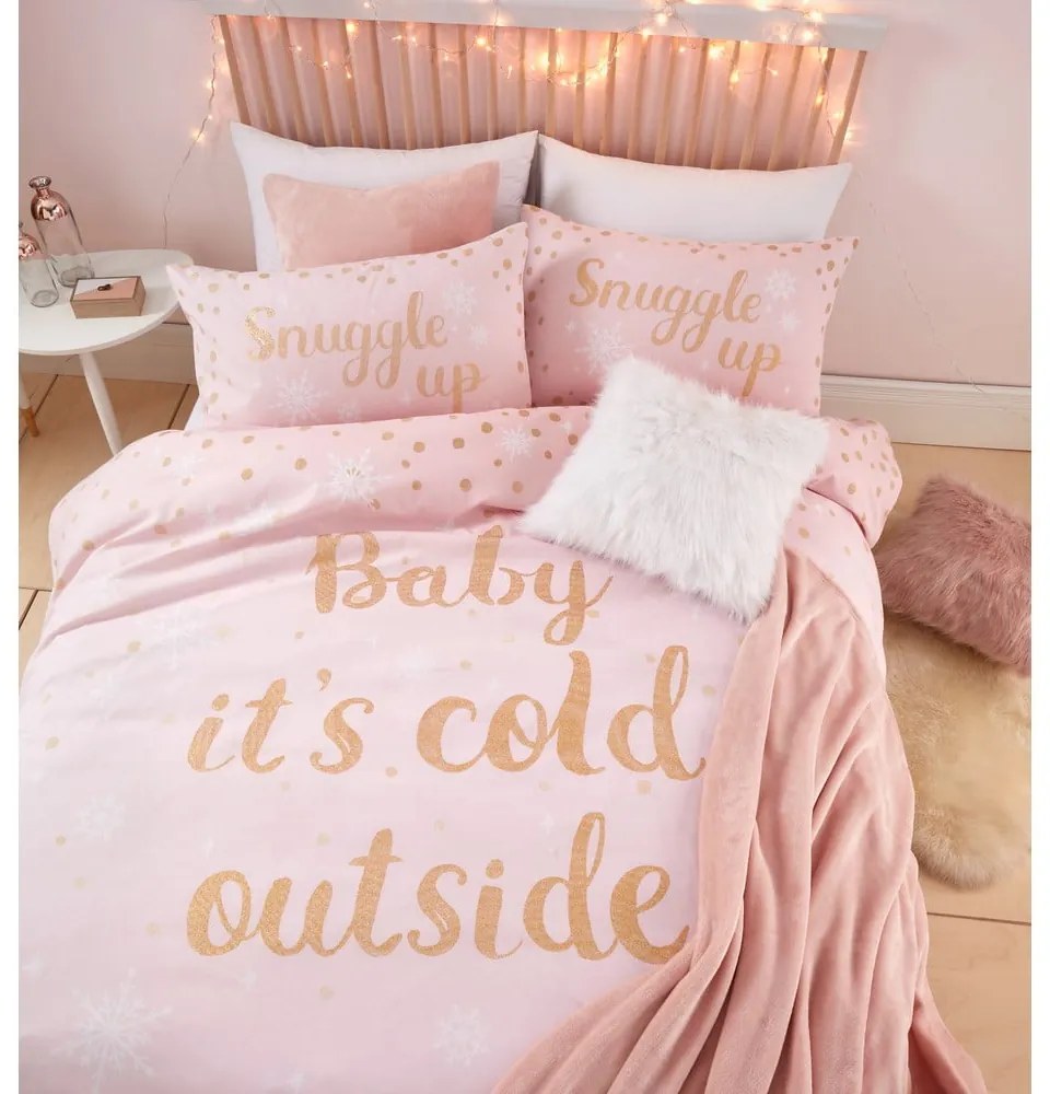 Lenjerie de pat din fleece Catherine Lansfield „Baby it is cold outside”, 135 x 200 cm, roz