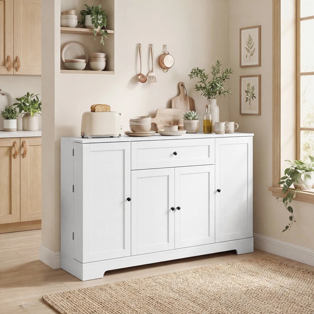 HOMCOM Bufet bucătărie, mobilier de depozitare cu sertar, 4 uși cu închidere silențioasă, rack-uri pe ușă și rafturi reglabile, alb | Aosom Romania