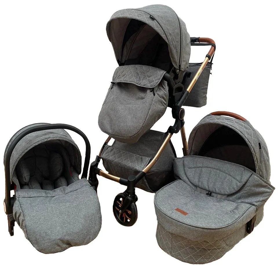 Carucior 3 in 1 cu landou, scoica si geanta, 0-36 luni, Gri - CPC-11-gri