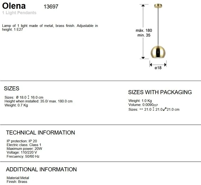 Pendul din metal Olena alama 18cm
