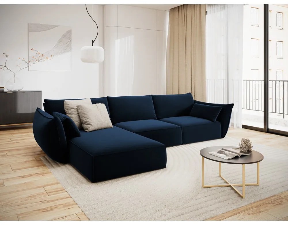 Colțar albastru închis cu tapițerie din catifea (cu colț pe partea stângă, cu șezlong) Vanda – Mazzini Sofas