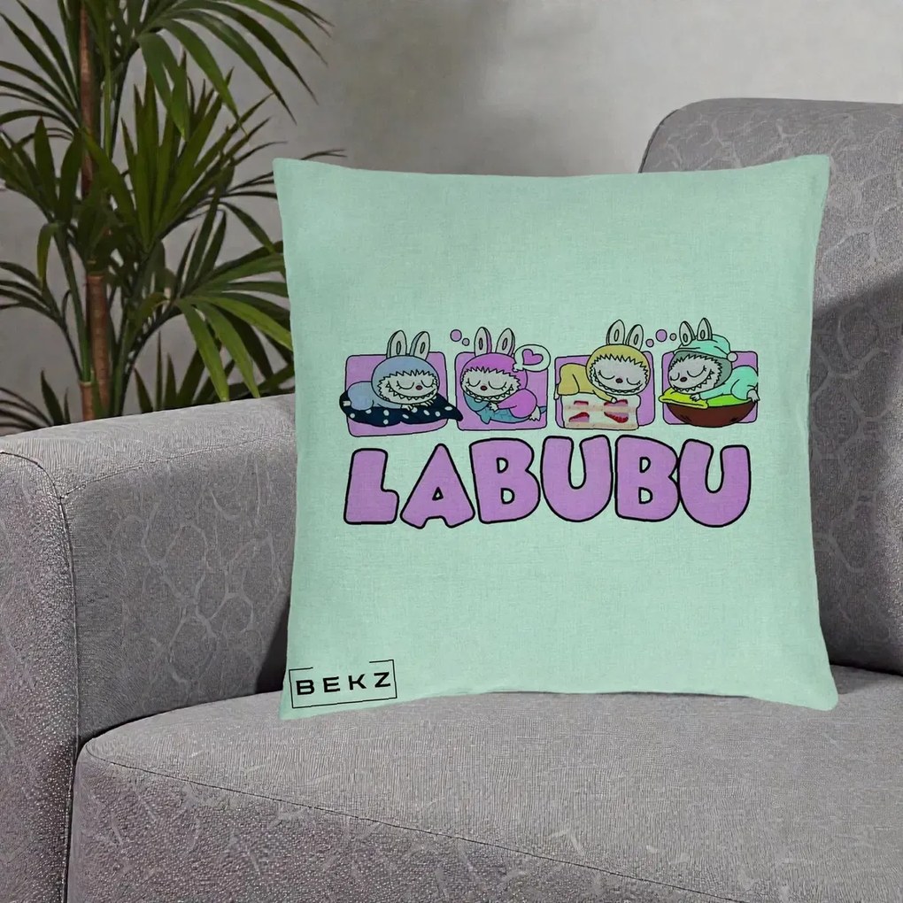 Perna Personalizata Labubu Sleeping Quad, 40x40 cm, Verde Menta, Husa Detasabila, Perna Inclusa, BEKZ®