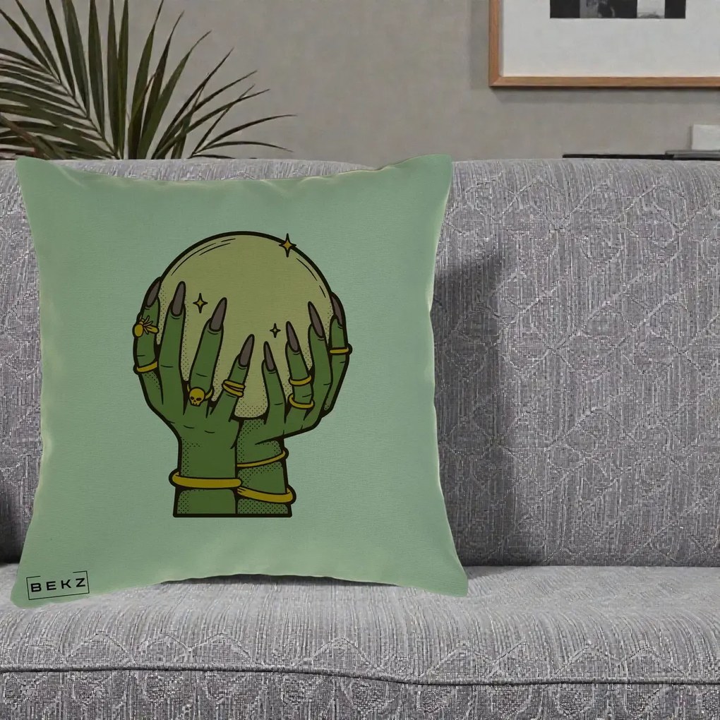 Perna Decorativa Halloween Maini Vrajitoare cu Glob de Cristal, 40x40 cm, Verde, Husa Detasabila, Perna Inclusa, BEKZ®
