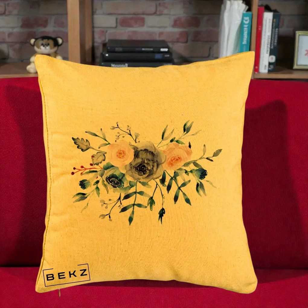 Perna Decorativa Buchet Flori Albastre Acuarela, 40x40 cm, Galben, Husa Detasabila, Perna Inclusa, BEKZ®