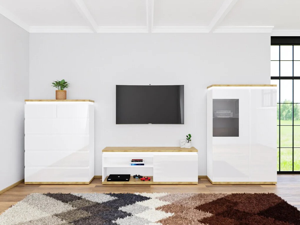 Mobilă pentru sufragerie Boston CM111 Alb lucios, Stejar artizanal, Piese individuale, Cu comodă tv, Cu componente suplimentare, PAL laminat, 149x333x43cm