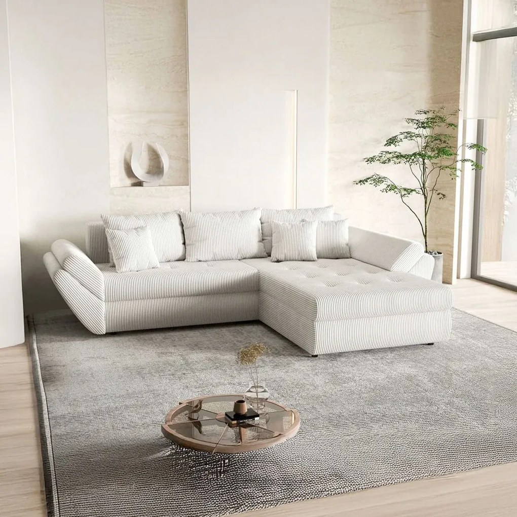 Colțar extensibil dumonde cu ladă de depozitare si sezut confortabil din spuma high-density, Loana Zoom Crem II 270x185 cm