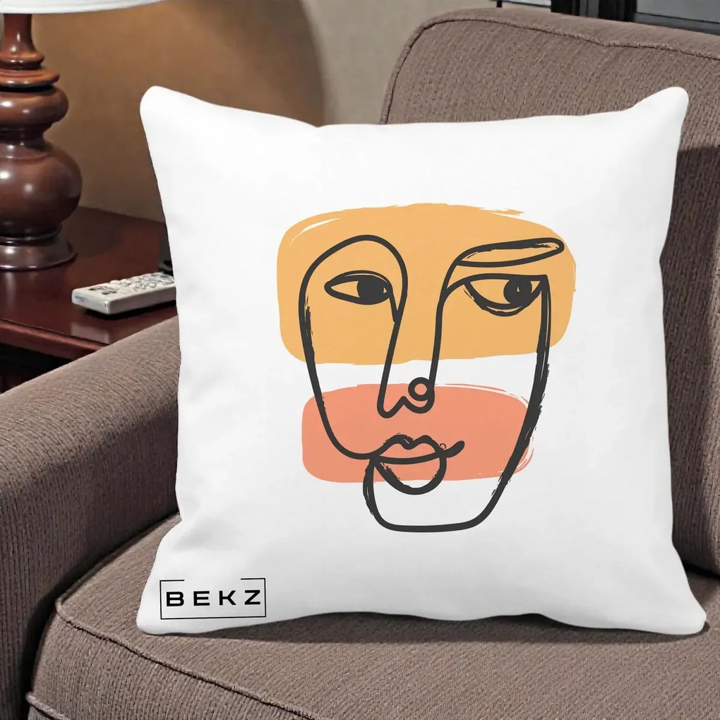 Perna Decorativa Portret Abstract Line Art Portocaliu, 40x40 cm, Alba Mata, Husa Detasabila, Perna Inclusa, BEKZ®