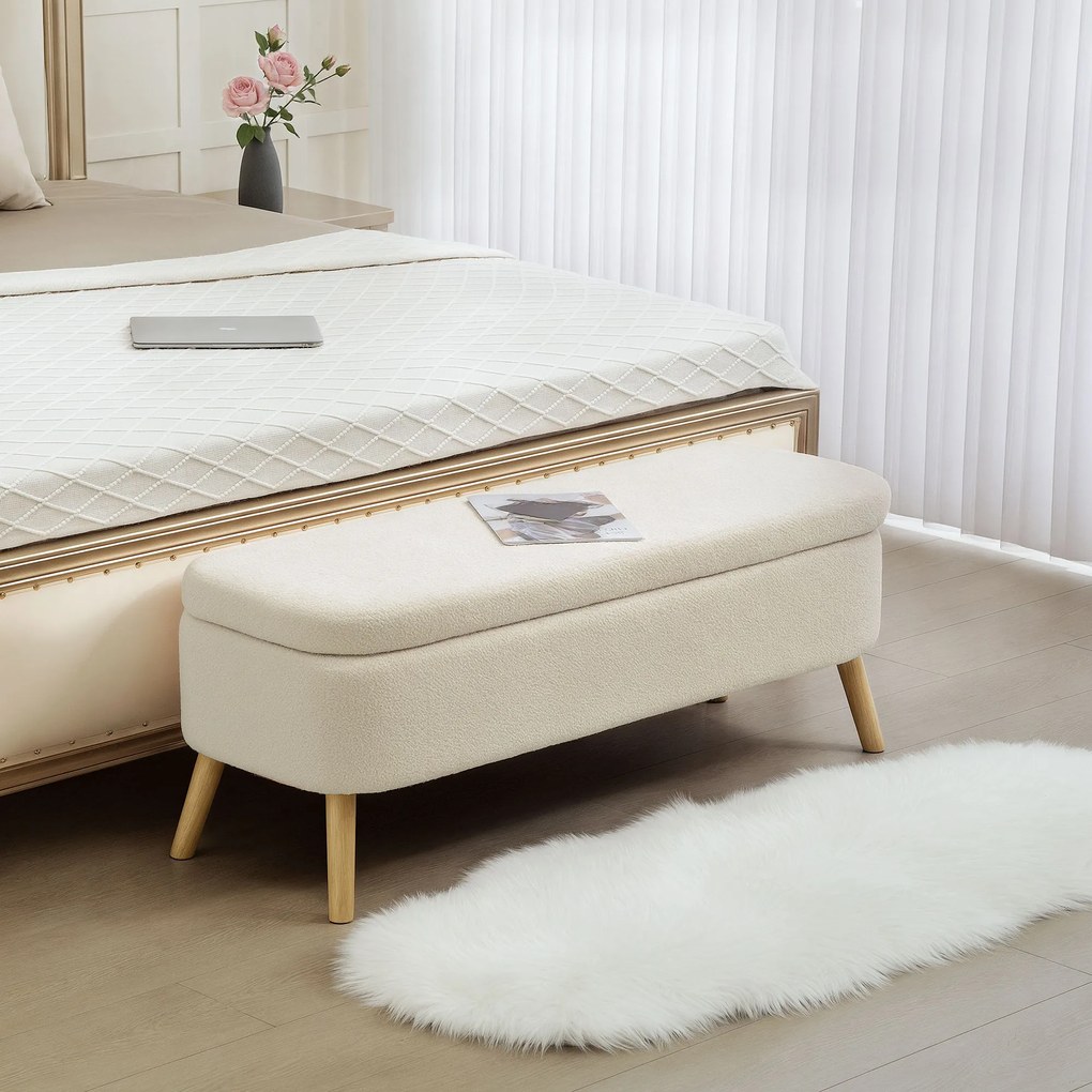 HOMCOM Banca de Depozitare de 65L din Material Teddy și Lemn, 120x42x45 cm, Bej | Aosom Romania