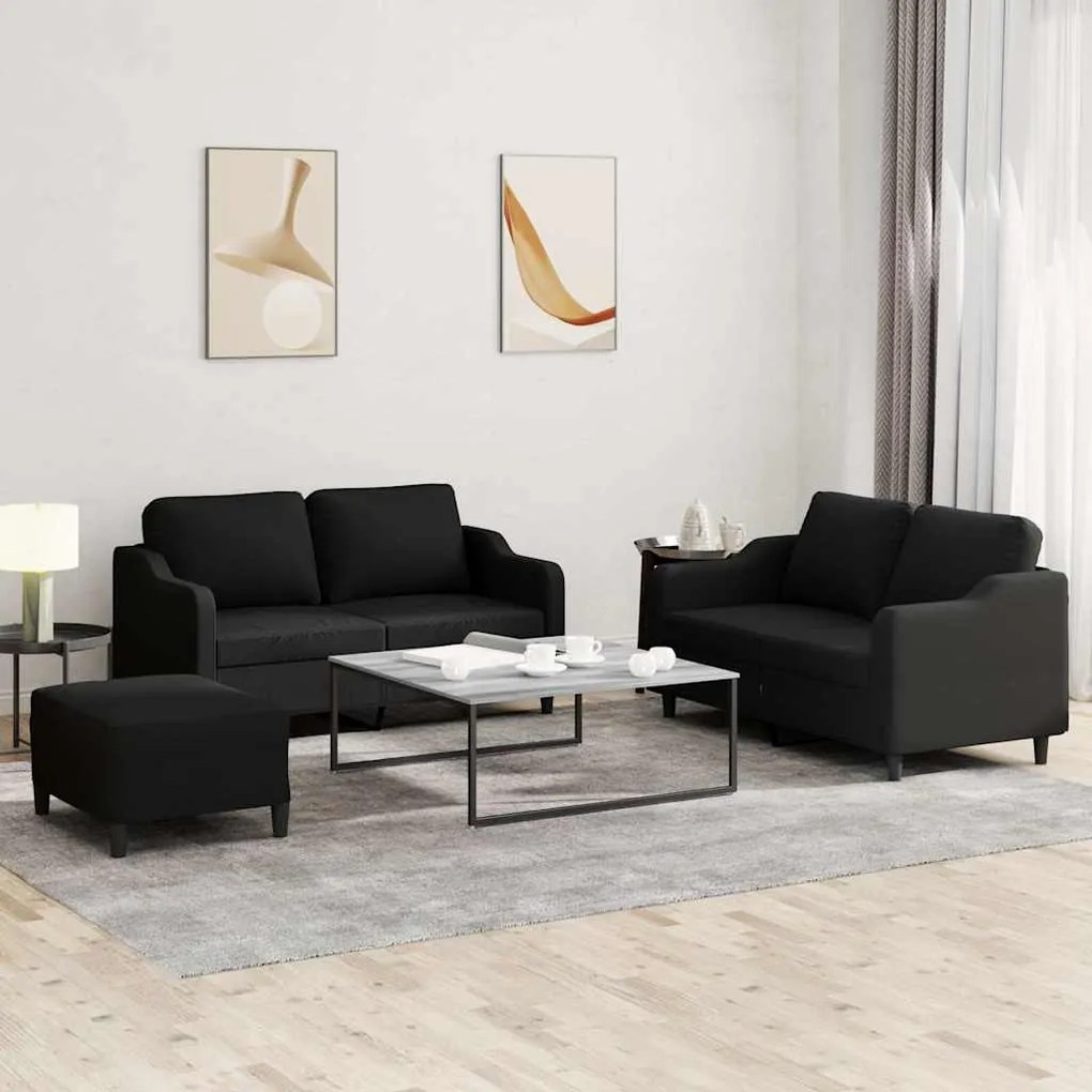 vidaXL Set de canapele cu perne, 3 piese, negru, textil
