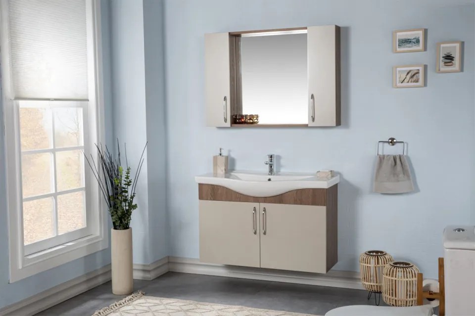 Set Mobilier Baie Sokotra 100, Include Baza Lavoar, Lavoar și Oglinda, 100 cm, Crem