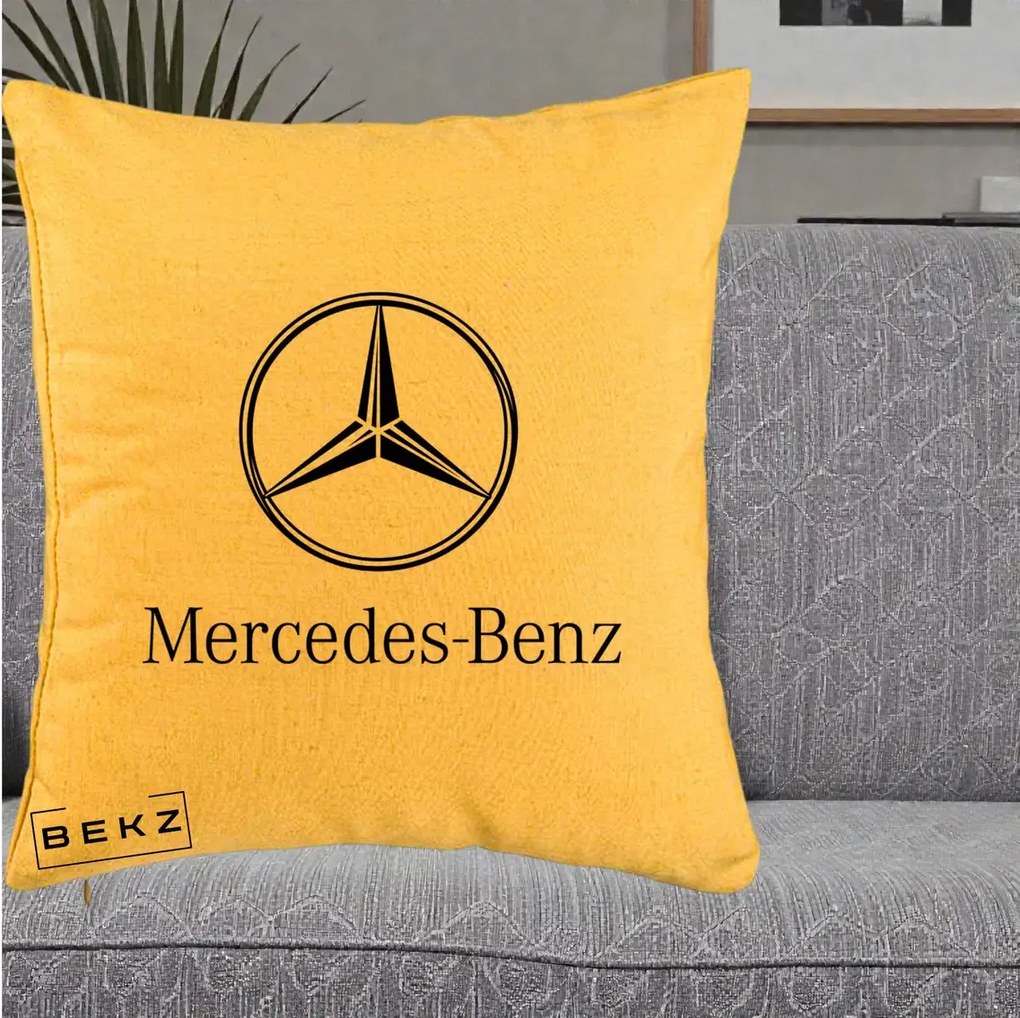 Perna Personalizata cu emblema Mercedes-Benz, 40x40 cm, Galben, Husa Detasabila, Perna Inclusa, BEKZ®