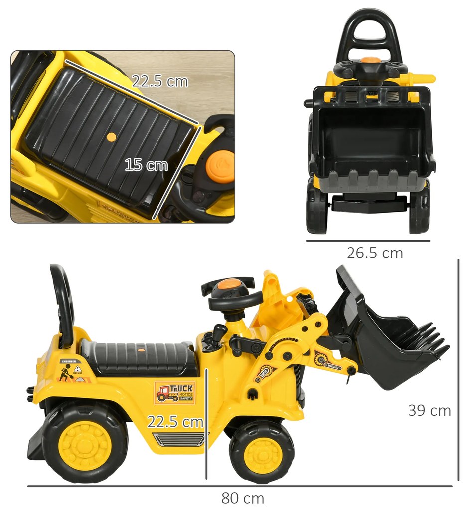 HOMCOM Excavator pentru Copii cu Cupă, Spătar și Spațiu de Depozitare Ascuns, Buldozer de Jucărie în PP și ABS, 80x26.5x39 cm, Galben și Negru | Aosom Romania