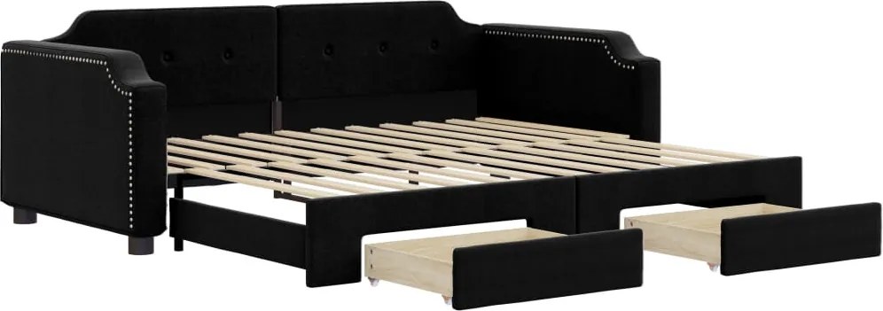 vidaXL Pat de zi cu extensie și sertare, negru, 90x190cm, textil