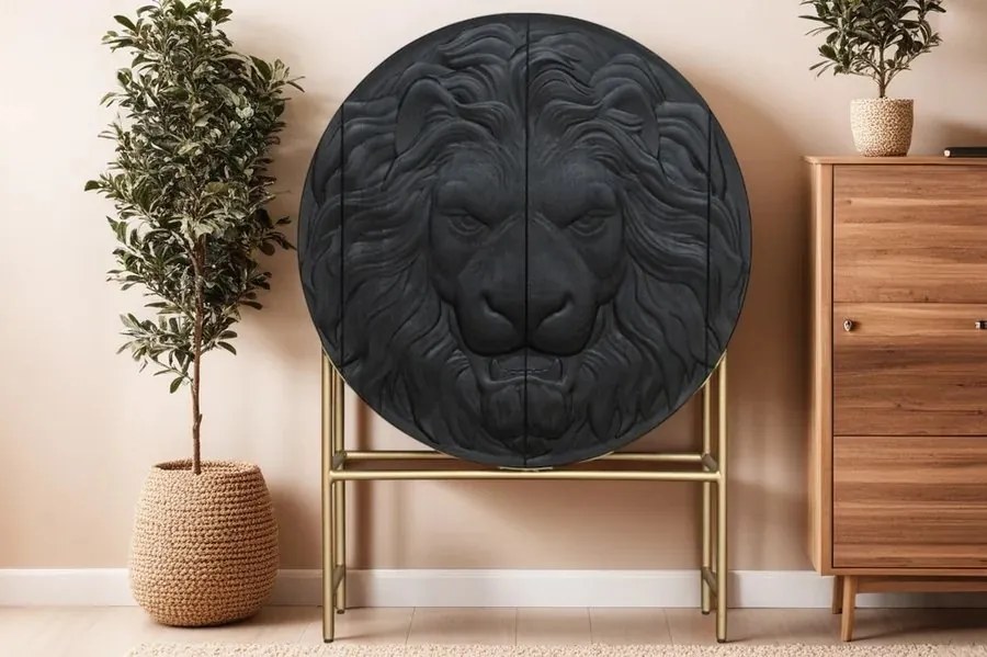 Bufet Elegant din Lemn de Mango, Negru, LION 140cm 3D