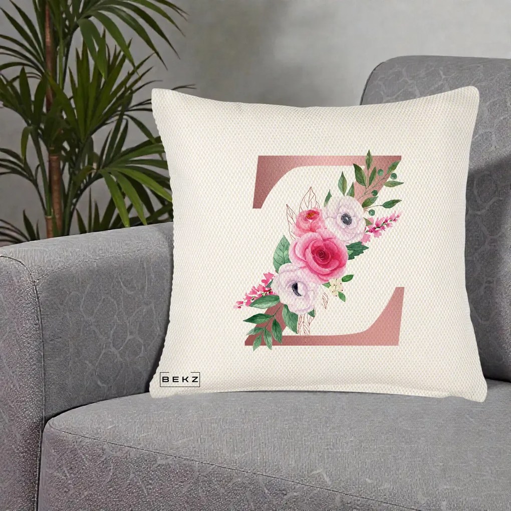 Cadou Personalizat - Perna Personalizata Monograma Rose Gold Litera Z, 40x40 cm, Crem Reliefat, Husa Detasabila, Perna Inclusa, BEKZ®