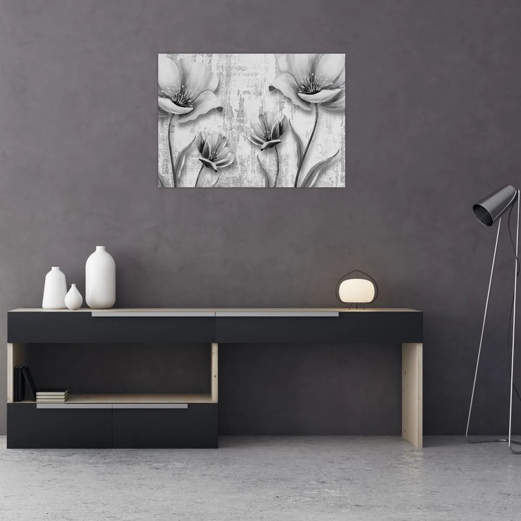 Tablou pe sticlă - Flori alb-negru pe fundal (70x50 cm)