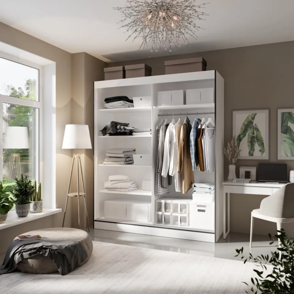 Dulap cu usi glisante si oglinda Osgar, ADRK Furniture (Culoare: Alb, Dimensiuni: 150x216 cm)