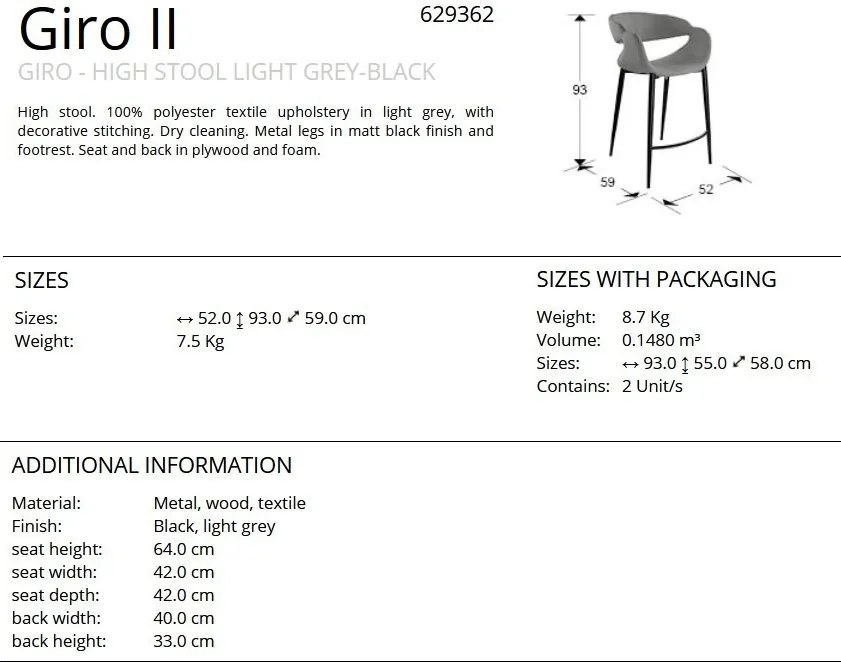 Scaun de bar design elegant Giro gri deschis