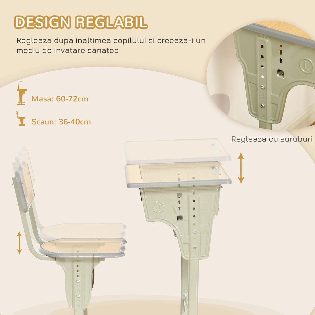 HOMCOM Set Masa Si Scaune Copii Bancă și Scaun Reglabil pentru Copii 6-12 Ani Ergonomic Aosom Romania