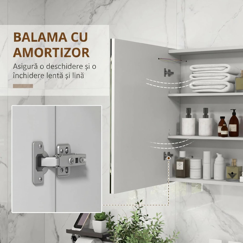 kleankin Oglindă Baie cu Dulap și LED, 80 x 65cm, Ușă Soft Close, Reglabilă pe 3 Culori, Rafturi Ajustabile, Alb Lucios | Aosom Romania