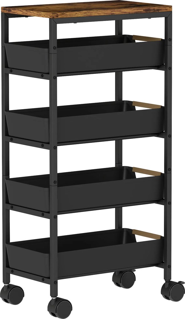 HOMCOM Cărucior de bucătărie cu 5 niveluri și 4 coșuri detașabile, din metal, PP și PAL, 39,5x24x82 cm, negru/stejar | Aosom Romania