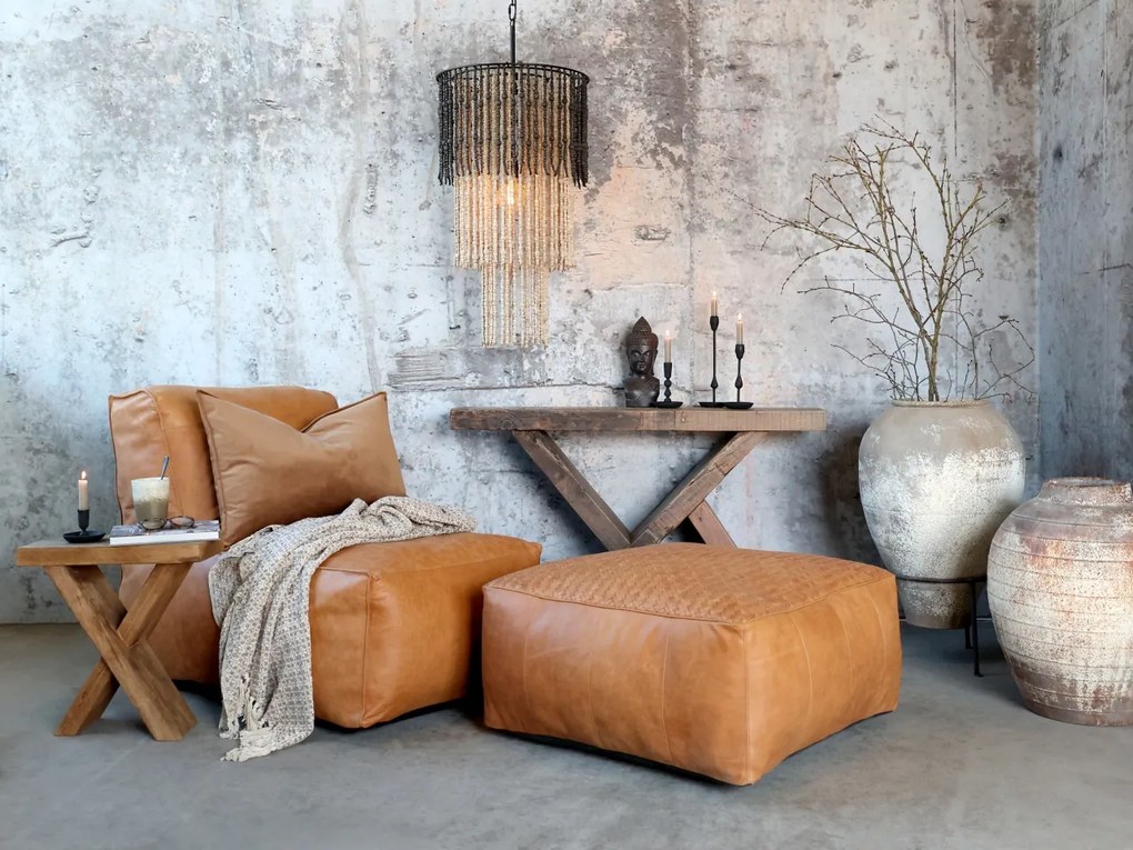 Fotoliu de relaxare cognac din piele naturală de bivol, lucrat manual, cu umplutură din bumbac reciclat, 103×83 cm, „Armagnac”