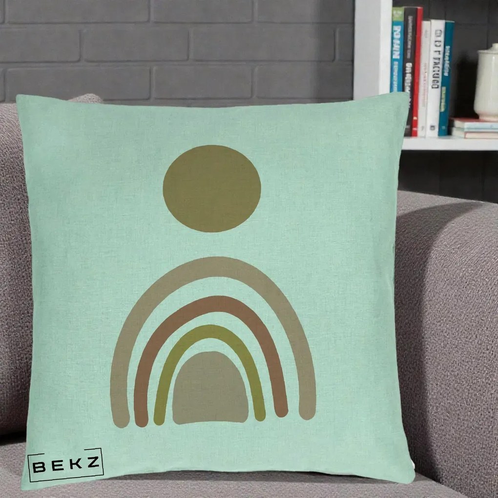 Perna Decorativa Boho Rainbow Sun, 40x40 cm, Verde Menta, Husa Detasabila, Perna Inclusa, BEKZ®