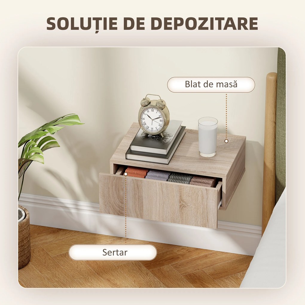 HOMCOM Set de 2 Noptiere Suspendate cu Sertar, Pereche de Noptiere Moderne din Lemn, Mese Laterale pentru Canapea, Living și Dormitor, 40x30x15 cm, Stejar | Aosom Romania