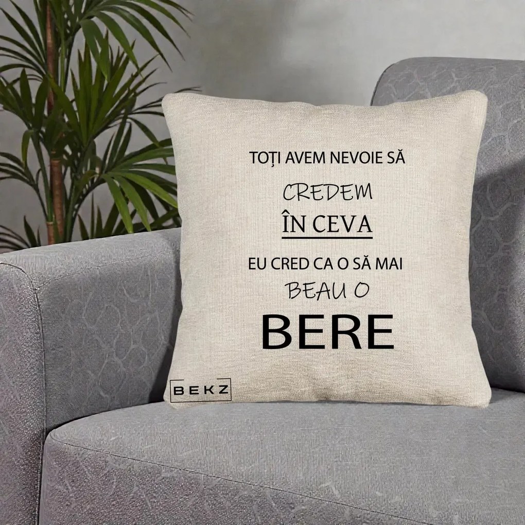 Perna Decorativa Eu Cred ca mai Beau o Bere, 40x40 cm, Bej Canapea, Husa Detasabila, Perna Inclusa, BEKZ®