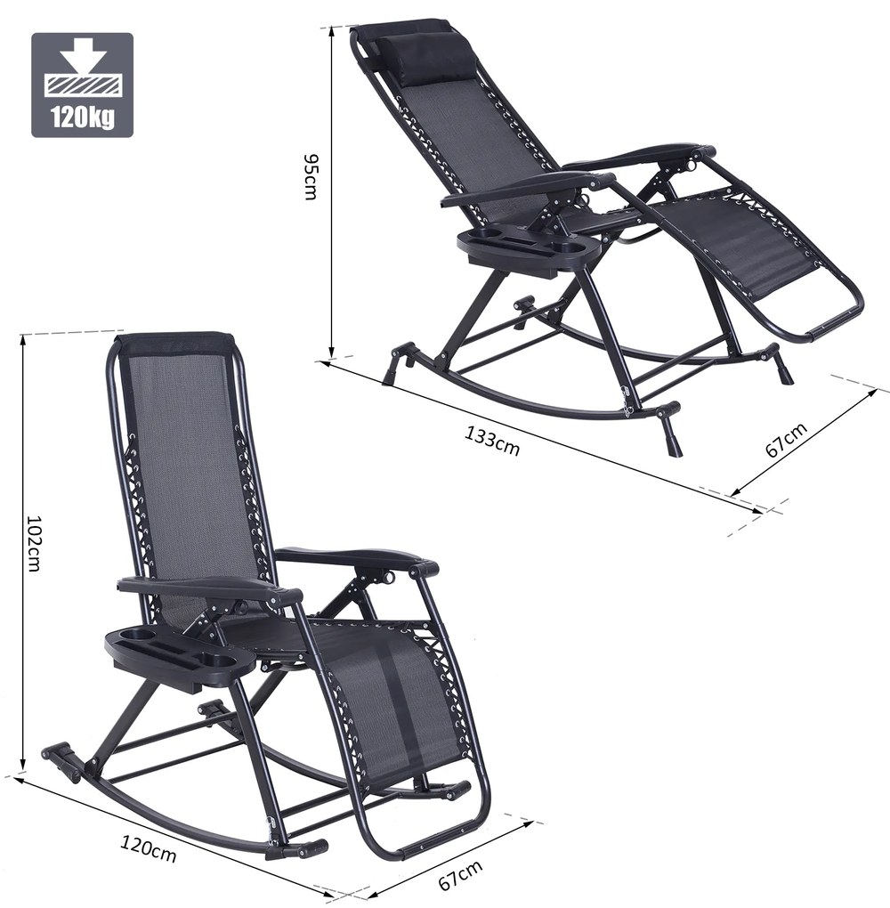 Outsunny Scaun Sezlong tip Leagan Rabatabil cu Taburet si Loc pentru Pahar , Negru, 120x67x102cm