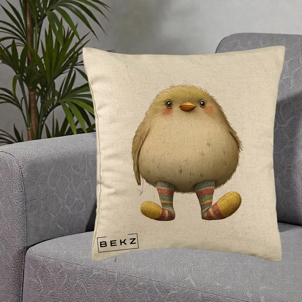 Perna Decorativa Pui Pufos cu Sosete Dungate, 40x40 cm, Bej, Husa Detasabila, Perna Inclusa, BEKZ®