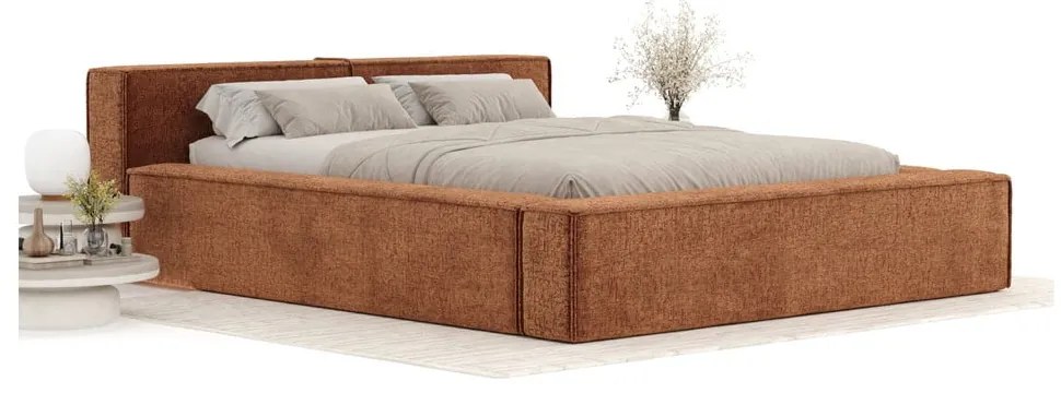 Pat matrimonial portocaliu tapițat cu spațiu de depozitare cu somieră 160x200 cm Voliera – Maison de Rêve