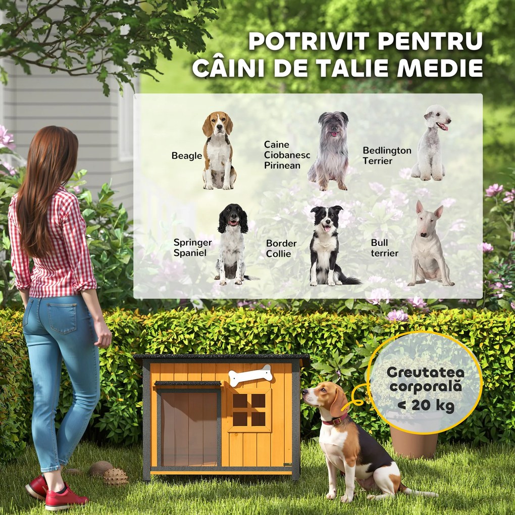 PawHut Cușcă pentru câini de exterior din lemn și oțel rezistent la mușcături, cu acoperiș rabatabil și perdea pentru ușă, galben | Aosom Romania